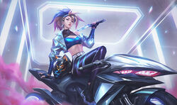  akali belt black_gloves black_hair black_pants blonde_hair blue_jacket breasts chengwei_pan crop_top cropped_jacket earrings eyeshadow female fingerless_gloves gloves helmet holding holding_sword holding_weapon idol jacket jewelry k/da_(league_of_legends) k/da_all_out_akali league_of_legends lips lipstick long_hair looking_at_viewer makeup medium_breasts motor_vehicle motorcycle motorcycle_helmet multicolored_hair navel official_alternate_costume official_art on_motorcycle open_clothes open_jacket pants parted_lips ponytail red_lips sitting solo sword two-tone_hair unworn_headwear unworn_helmet weapon 