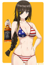  absurdres alcohol alternate_costume american_flag american_flag_bikini american_flag_print bikini black_hair blonde_hair bottle braid breasts commentary_request commission cowboy_shot eyepatch female flag_print girls&#039;_frontline grey_eyes highres holding holding_bottle inoshira jack_daniel&#039;s large_breasts long_braid long_hair m16a1_(girls&#039;_frontline) multicolored_hair navel pixiv_commission print_bikini print_swimsuit scar scar_across_eye scar_on_face single_braid solo standing streaked_hair swimsuit whiskey yellow_background 