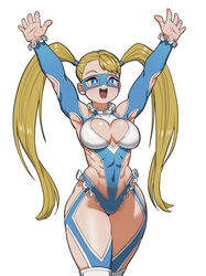  :d abs arms_up blonde_hair blue_eyes blue_leotard breasts clothing_cutout cowboy_shot domino_mask elbow_cutout female frills hair_pulled_back heart_cutout highres large_breasts leotard long_hair looking_at_viewer mask open_mouth rainbow_mika shoulder_cutout simple_background sincostan0148 smile solo standing street_fighter street_fighter_v toned twintails white_background wrestler wrestling_mask wrestling_outfit 