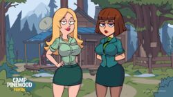  2girls american_dad blonde_hair bob_cut brown_hair camp_pinewood_remix danny_phantom eyebrows eyebrows_visible_through_hair eyelashes fence francine_smith green_shirt hand_on_own_hip large_breasts lipstick long_hair looking_at_viewer madeline_fenton miniskirt mountain name_tag necklace pink_lipstick purple_eyes red_lipstick short_hair skirt stockings taut_shirt thighs tight_clothing tree vaultman wide_hips 