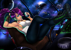  ass blue_eyes boots breasts cyclops ear_piercing female futurama hair large_breasts piercing ponytail purple_hair shadman sideboob sitting smile solo space spaceship tank_top tied_hair turanga_leela wristband 