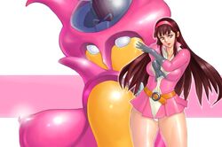  aphrodite_a belt breasts brown_hair dress female giant_robot hips large_breasts legs long_hair looking_at_viewer mazinger_(series) mazinger_z mecha oldschool panties pantyshot pink_eyes smile solo thighs touei underwear wide_hips xen-z yumi_sayaka zen_and_retro 