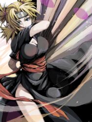  akagi_soushi black_kimono blonde_hair blue_eyes breasts cleavage female forehead_protector hand_fan japanese_clothes kimono large_breasts naruto naruto_(series) quad_tails side_slit solo sunagakure_symbol tegaki temari_(naruto) 