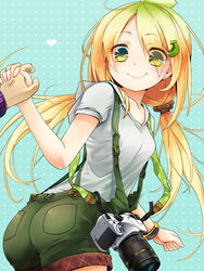  ass bad_anatomy banana_(kuromaru9) banana_hair_ornament blonde_hair camera commentary_request female food-themed_clothes food-themed_hair_ornament green_eyes hair_ornament hair_over_one_eye holding_hands interlocked_fingers kuromaru9 long_hair original out_of_frame photoshop_(medium) shorts single-lens_reflex_camera smile solo_focus suspenders twintails twisted_torso 