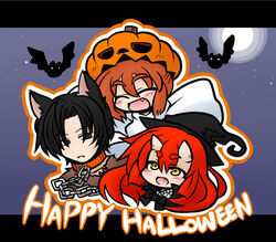  1boy 2girls ^_^ animal_ears bat_(animal) black_hair cat_ears chains closed_eyes collar commentary_request costume eyebrows grey_eyes halloween happy_halloween hat horns jack-o&#039;-lantern kemonomimi_mode long_hair multiple_girls oerba_yun_fang oono_mayu open_mouth pixiv_azriel red_hair smile witch_hat yanagi_(nurikoboshi) yellow_eyes 