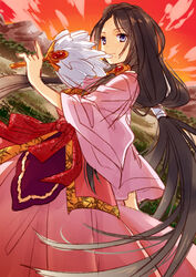  black_hair blue_eyes chinese_clothes commentary_request feather_fan female hand_fan izumi_minami long_hair magi_the_labyrinth_of_magic mole photoshop_(medium) ren_hakuei solo very_long_hair 