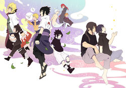  6+boys age_progression akatsuki_(naruto) black_eyes black_hair blonde_hair blue_eyes blue_hair feet flak_jacket glasses haori hozuki_suigetsu japanese_clothes juugo karin_(naruto) multiple_boys multiple_persona namikaze_minato naruto naruto_shippuuden orange_eyes orange_hair pigeon ponytail purple_eyes red_hair short_hair spiked_hair spiky_hair star stars uchiha_itachi uchiha_sasuke uzumaki_naruto white_hair 