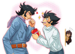  2boys around_corner belt black_eyes black_hair blue_eyes blush brown_hair female giggle giggling heart heart_background honoo_jun kabuto_kouji kakyoi long_hair maria_grace_fleed mazinger_(series) mazinger_z multiple_boys peeping scarf sideburns spying touei tsurugi_tetsuya valentine yaoi 