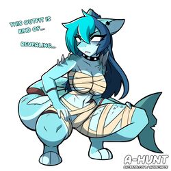  1girls a-hunt bandages belly blue_body blue_hair blue_skin breasts collar english_text female furry highres naked naked_female nipples nyx_(a-hunt) shark shark_girl shark_tail sharp_teeth solo solo_female spiked_collar spikes spread_legs thick_thighs thighs white_eyes 