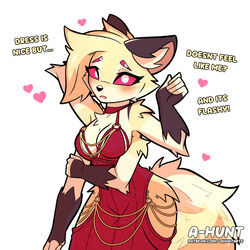  1girls 4_arms 4_eyes 4_hands a-hunt big_breasts big_ears big_tail blush blushing_at_viewer breasts cute dress english_text female furry furry_only furry_tail hearts highres looking_at_viewer open_mouth pink_sclera solo solo_female spixen_(a-hunt) tail thick_thighs thighs white_eyes 