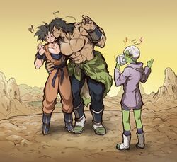  !? 2boys abs bara belt black_eyes black_hair blush broly_(dragon_ball_super) bulge cheelai clothes_around_waist colored_skin commentary couple dark-skinned_male dark_skin dragon_ball dragon_ball_super dragon_ball_super_broly female full_body green_skin hano_(hanos91) interracial kissing kissing_cheek large_pectorals male_focus medium_hair multiple_boys muscular muscular_male nipples ok_sign pectoral_cleavage pectorals protected_link scar scar_on_cheek scar_on_chest scar_on_face shirt shirt_around_waist short_hair size_difference son_goku spiked_hair standing stomach symbol-only_commentary taking_picture topless_male yaoi 