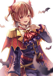  :d aijou_karen aoi_hane arm_at_side ascot bat_(animal) belt belt_buckle blurry blurry_foreground brown_eyes brown_hair buckle cape commentary_request cowboy_shot epaulettes fangs female gloves hair_between_eyes hair_ornament hand_up highres jacket long_sleeves looking_at_viewer multicolored_pants multiple_belts official_alternate_costume open_mouth pants print_cape purple_ascot purple_cape purple_jacket purple_pants red_ascot red_belt red_cape red_pants short_hair shoujo_kageki_revue_starlight shoujo_kageki_revue_starlight_-re_live- simple_background smile solo standing two-sided_cape two-sided_fabric two_side_up white_background white_gloves wing_hair_ornament yellow_belt 