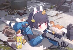  ahoge aiming animal_ears assault_rifle belt bird black_gloves black_hair blue_archive blue_shirt blue_skirt blunt_bangs bolt_action cartridge clip_(weapon) fake_animal_ears female ferret game_cg glock gloves gun halo handgun hiding knee_pads legs long_hair looking_away lying m16 m16a1 magazine_(weapon) miyu_(blue_archive) mosin-nagant official_art on_stomach outdoors pantyhose rabbit_ears red_eyes rifle rubble school_uniform scope serafuku shirt shoes single_knee_pad skirt solo sparrow thighband_pantyhose thighs weapon weasel white_footwear white_pantyhose yutokamizu 