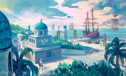  6+others architecture boat box bush cloud commentary crane_(machine) cross day dock english_commentary frigate helmet highres holding holding_shield holding_sword holding_weapon horizon house in-universe_location jetty kauedaiprai multiple_others ocean outdoors palm_tree pier ragnarok_online rowboat sailboat scenery shield ship signature sky stairs standing sword town tree very_wide_shot water watercraft weapon wide_shot 