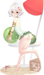  absurdres anchor_symbol antenna_hair arched_back ass backless_swimsuit ball bare_legs bare_shoulders barefoot bent_over bikini blush casual_one-piece_swimsuit chinese_commentary commentary_request elf female flower food frills fruit full_body hair_between_eyes hair_flower hair_ornament highres holding holding_ball kokkoro_(princess_connect!) kokkoro_(summer)_(princess_connect!) leg_up long_sleeves looking_at_viewer looking_to_the_side one-piece_swimsuit open_mouth painttool_sai_(medium) photoshop_(medium) pink_flower pointy_ears princess_connect! red_eyes sand see-through short_hair simple_background smile solo standing standing_on_one_leg star_(symbol) starfish swimsuit table watermelon white_background white_flower white_hair wu_yao_jun 