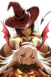  2girls ass ass_grab bare_shoulders black_gloves black_hair bob_cut demon_girl demon_horns demon_tail demon_wings face_in_ass fake_horns fake_tail fake_wings gloves guilty_gear guilty_gear_xrd hairband halloween halloween_costume haraya_manawari hat highres horns i-no jack-o&#039;_challenge jack-o&#039;_valentine lipstick long_hair looking_at_viewer makeup multicolored_hair multiple_girls pumpkin red_eyes shaded_face short_hair sidelocks skindentation smile tail thick_thighs thighhighs thighs top-down_bottom-up white_hair wings witch witch_hat yuri 