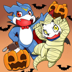  1:1 anthro bandai_namco blue_body cape clothing digimon digimon_(species) digimon_ghost_game duo food fruit gammamon halloween hi_res holidays male mummy_costume mummy_wrappings plant pumpkin red_eyes soukouryu vampire_costume veemon white_body yellow_eyes 