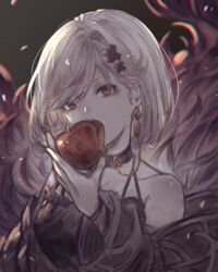  alter_ego_malevolent_(granblue_fantasy) apple ayacho bags_under_eyes bare_shoulders black_dress choker djeeta_(granblue_fantasy) dress earrings female food fruit granblue_fantasy hair_ornament jewelry licking red_eyes short_hair solo tongue tongue_out upper_body white_hair x_hair_ornament 