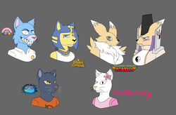  animal_crossing ankha_(animal_crossing) anthro bandai_namco blue_body blue_eyes canid canine cartoon_network crazy_eyes digimon digimon_(species) domestic_cat english_text eyebrows felid feline felis female female/female fur group headshot_portrait hello_kitty_(character) hello_kitty_(series) hi_res looking_at_viewer mae_borowski mammal nicole_watterson night_in_the_woods nintendo orange_eyes photolol.03 portrait renamon sanrio simple_background smile taomon teeth text the_amazing_world_of_gumball white_body yellow_body 