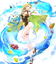  bare_arms bare_shoulders blonde_hair blue_eyes breasts cape cleavage coconut collarbone drinking_straw earrings female fire_emblem fire_emblem:_the_sacred_stones fire_emblem_heroes flower food fruit fruit_cup full_body highres holding jewelry looking_at_viewer looking_away medium_breasts medium_hair non-web_source official_art one-piece_swimsuit open_mouth parted_bangs sandals selena_(fire_emblem:_the_sacred_stones) selena_(summer)_(fire_emblem:_the_sacred_stones) shiny_skin solo swimsuit thigh_strap thighs toeless_footwear toes transparent_background wada_sachiko water 