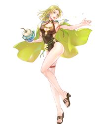  armpits bare_arms blonde_hair blue_eyes breasts cape cleavage coconut collarbone drinking_straw earrings female fire_emblem fire_emblem:_the_sacred_stones fire_emblem_heroes flower fruit_cup full_body highres holding jewelry leg_up looking_at_viewer looking_away medium_breasts medium_hair non-web_source official_art one-piece_swimsuit open_mouth parted_bangs sandals selena_(fire_emblem:_the_sacred_stones) selena_(summer)_(fire_emblem:_the_sacred_stones) shiny_skin solo swimsuit thigh_strap thighs toeless_footwear toes transparent_background wada_sachiko water water_drop 