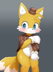  2023 2_tails anthro black_nose blue_eyes blush brown_clothing brown_headwear canid canine cheek_tuft clothed clothing facial_tuft fingers fox fur fur_tuft gloves handwear headgear headwear hi_res iris male mammal multi_tail pupils sega solo sonic_the_hedgehog_(series) sum tail tails the_murder_of_sonic_the_hedgehog tuft white_body white_clothing white_fur white_gloves white_handwear white_tail white_tuft yellow_body yellow_ears yellow_fur yellow_tail 