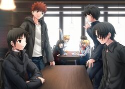  4boys 4girls ahoge aozaki_aoko arcueid_brunestud artoria_pendragon_(fate) black_hair blonde_hair blouse blue_eyes breasts brown_eyes brown_hair commentary creator_connection cup dress emiya_shirou fate/stay_night fate_(series) food gakuran glasses green_eyes haagen-dazs hair_between_eyes hair_bun hair_intakes hair_ribbon jacket japanese_clothes kara_no_kyoukai kimono kokutou_mikiya large_breasts long_hair long_sleeves mahou_tsukai_no_yoru medium_breasts multiple_boys multiple_girls orange_hair parody ponytail red_eyes red_jacket ribbon ryougi_shiki saber_(fate) school_uniform shirt shizuki_soujuurou shoori_(migiha) short_hair sidelocks single_hair_bun skirt smile straight style_parody sweater sword takeuchi_takashi_(style) tohno_shiki trait_connection tsukihime tsukihime_(remake) turtleneck type-moon weapon white_shirt yellow_eyes 