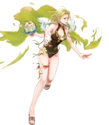  bare_arms bare_shoulders blonde_hair blue_eyes breasts cape cleavage coconut collarbone drinking_straw earrings female fire_emblem fire_emblem:_the_sacred_stones fire_emblem_heroes fruit_cup full_body highres holding jewelry leg_up long_hair looking_at_viewer looking_away medium_breasts non-web_source official_art one-piece_swimsuit parted_bangs parted_lips sandals selena_(fire_emblem:_the_sacred_stones) selena_(summer)_(fire_emblem:_the_sacred_stones) shiny_skin solo swimsuit thigh_strap thighs toeless_footwear toes torn_cape torn_clothes torn_swimsuit transparent_background wada_sachiko 