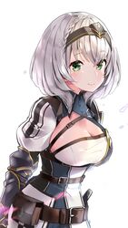  belt belt_pouch blush braid breasts chest_belt chest_guard cleavage cleavage_cutout closed_mouth clothing_cutout cowboy_shot female french_braid green_eyes grey_hair hairband highres hololive large_breasts looking_at_viewer medium_hair pouch shirogane_noel shirogane_noel_(1st_costume) simple_background smile solo vambraces virtual_youtuber wavy_hair white_background yuyaiyaui 