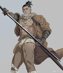  1boy abs bara bare_pectorals brown_kimono facial_hair feet_out_of_frame from_below grey_hair high_ponytail highres holding holding_sword holding_weapon huan_shi_tian_tong huge_weapon japanese_clothes katana kimono large_pectorals loincloth looking_to_the_side male_focus mature_male multicolored_hair muscular muscular_male mustache_stubble navel nipples old old_man open_clothes open_kimono pectorals ronin scarf sekiro sekiro:_shadows_die_twice short_hair solo standing stitches stubble sword thick_eyebrows thighs two-tone_hair weapon wrinkled_skin 