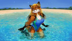  2023 anthro beach bedroom_eyes big_breasts biped black_body black_fur black_highlights black_nose blonde_hair blue_clothing blue_swimwear breasts canid canine canis chest_tuft claws clothed clothing corzh77 digital_drawing_(artwork) digital_media_(artwork) eyebrows eyelashes female finger_claws fox fur glistening green_clothing green_swimwear grey_body grey_fur grey_highlights hair hi_res highlights_(coloring) inner_ear_fluff kneeling looking_at_viewer mammal multicolored_arms multicolored_body multicolored_clothing multicolored_fur multicolored_legs multicolored_swimwear narrowed_eyes one-piece_swimsuit orange_body orange_fur outside partially_submerged plant reflection reyna_(reynafox) sand seaside seductive sky solo swimwear tree tuft water water_reflection water_ripple water_ripples yellow_eyes 