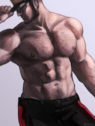  1boy abs bara black_hair black_pants chest_hair closed_mouth facial_hair golden_kamuy hat large_pectorals long_sideburns male_focus military_hat muscular muscular_male navel nipples nopinzo pants pectorals short_hair sideburns solo tanigaki_genjirou twitter_username 