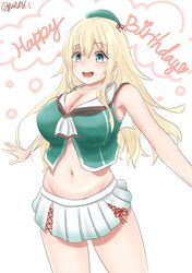  atago_(kancolle) beret blonde_hair breasts choukai_(kancolle) choukai_(kancolle)_(cosplay) cleavage collarbone commentary_request cosplay cowboy_shot female green_eyes green_hat green_shirt groin happy_birthday hat highres kantai_collection large_breasts long_hair maya_(kancolle) maya_(kancolle)_(cosplay) midriff navel one-hour_drawing_challenge pleated_skirt shirt simple_background sinape skirt sleeveless sleeveless_shirt solo white_background white_skirt 