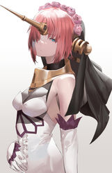  bare_shoulders blazpu blue_eyes breasts cleavage collar dress fate/apocrypha fate_(series) female flower frankenstein&#039;s_monster_(fate) gloves hair_flower hair_ornament hair_over_one_eye headgear highres horns mechanical_horns medium_breasts metal_collar pink_hair see-through see-through_cleavage short_hair single_horn solo veil white_dress white_gloves 