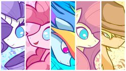  4girls abstract_background applejack_(mlp) balloon cowboy_hat flamevulture17 fluttershy_(mlp) hat multicolored_hair multicolored_tail multiple_girls my_little_pony pegasus pinkie_pie_(mlp) pony_(animal) rainbow_dash_(mlp) rainbow_hair rarity_(my_little_pony) tail unicorn 