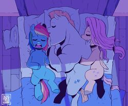  6:5 absurd_res bed blue_body bulk_biceps_(mlp) closed_eyes cutie_mark equid equine female feral fluttershy_(mlp) friendship_is_magic furniture group hair hasbro hi_res hooves male mammal multicolored_hair multicolored_tail muscular muscular_male my_little_pony mythological_creature mythological_equine mythology open_mouth pegasus pillow pink_hair pink_tail rainbow_dash_(mlp) rainbow_hair rainbow_tail raph13th signature sleeping tail trio wings yellow_body 