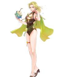  bare_arms blonde_hair blue_eyes breasts cape cleavage coconut collarbone covered_navel drinking_straw earrings female fingernails fire_emblem fire_emblem:_the_sacred_stones fire_emblem_heroes fruit_cup full_body highres holding jewelry long_hair looking_at_viewer medium_breasts non-web_source official_art one-piece_swimsuit parted_bangs parted_lips sandals selena_(fire_emblem:_the_sacred_stones) selena_(summer)_(fire_emblem:_the_sacred_stones) shiny_skin solo swimsuit thigh_strap thighs toeless_footwear transparent_background wada_sachiko 