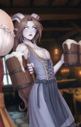  2girls alcohol beer beer_mug blue_dress blue_sclera blurry blurry_background breasts brown_hair colored_sclera colored_skin commentary cup draenei dress english_commentary grey_skin highres holding holding_cup horns indoors iridi_(malberrybush) long_hair looking_at_another mug multiple_girls open_mouth personal_ami player_character_(wow) pointy_ears short_sleeves small_breasts solo_focus variant_set waitress warcraft white_eyes world_of_warcraft 