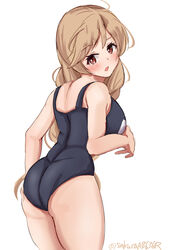  absurdres ass back bad_id bad_twitter_id blue_one-piece_swimsuit blush braid breasts cloud_hair_ornament female hair_between_eyes highres inactive_account kantai_collection large_breasts light_brown_hair long_hair looking_at_viewer looking_back low_twin_braids minegumo_(kancolle) one-piece_swimsuit open_mouth red_eyes sakura_ab school_swimsuit simple_background solo swimsuit twin_braids twitter_username white_background 