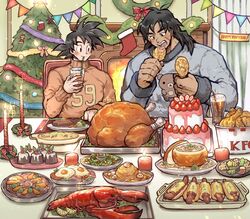  2boys alternate_costume bacon black_eyes black_hair blue_sweater blush broly_(dragon_ball_super) cake candle casserole casual chicken_(food) christmas christmas_ornaments christmas_sweater christmas_tree commentary contemporary cookie couple cup dark-skinned_male dark_skin dragon_ball dragon_ball_super dragon_ball_super_broly drinking drinking_glass drinking_straw eating english_commentary english_text food food_request fried_chicken fried_egg fruit gingerbread_man hamburger_steak hano_(hanos91) happy_new_year holding holding_cup holding_food hot_dog interracial kfc lobster looking_at_another male_focus medium_hair multiple_boys muscular muscular_male new_year orange_sweater pasta print_sweater protected_link salad scar scar_on_cheek scar_on_face short_hair son_goku spaghetti spiked_hair strawberry sweater turkey_(food) yaoi 