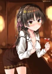  :3 absurdres alcohol black_hair blurry blurry_background blush braid breasts brown_skirt cafe_stella_to_shinigami_no_chou cleavage closed_mouth cocktail_glass collarbone commentary_request cowboy_shot cup dress_shirt drinking_glass drunk earrings female flower furrowed_brow hair_between_eyes hair_flower hair_ornament hair_over_shoulder hair_ribbon hands_up highres indoors izumi_izu jewelry leaning_forward long_hair long_sleeves looking_at_viewer medium_breasts mole mole_under_eye nose_blush pencil_skirt pink_ribbon ribbon rose seductive_smile shiki_natsume shiny_skin shirt side_braid skirt smile solo standing stud_earrings suspender_skirt suspenders twitter_username very_long_hair white_flower white_rose white_shirt yellow_eyes 