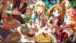  2boys 3girls :&gt; :&lt; animal_ears apple_pie apron aqua_eyes bare_shoulders black_gloves black_suit blonde_hair blue_dress blue_sky brown_hair bubble_tea bubble_tea_challenge butler buttons cake character-themed_food choker closed_mouth cross_tie crown cup day dress dress_shirt elbow_gloves emmet_(pokemon) emmet_(special_costume)_(pokemon) english_commentary fake_animal_ears food formal frown gloves green_eyes grey_eyes hair_down highres ingo_(pokemon) ingo_(special_costume)_(pokemon) komala lillie_(pokemon) lillie_(special_costume)_(pokemon) long_hair may_(pokemon) may_(spring_2021)_(pokemon) mini_crown multiple_boys multiple_girls official_alternate_costume one_eye_closed open_mouth orange_hair otakuman outdoors pastry pendant_choker pie pink_dress pokemon pokemon_(creature) pokemon_masters_ex poliwag polteageist pudding puffy_short_sleeves puffy_sleeves purple_gloves rabbit_ears shirt short_sleeves sinistea sitting sky sleeveless sleeveless_dress slurpuff smile sonia_(pokemon) sonia_(special_costume)_(pokemon) striped_clothes striped_dress sugar_bowl sugar_cube suit swept_bangs swiss_roll table tea_party teacup teddiursa themed_object tiered_tray tray v waist_apron white_shirt white_suit 