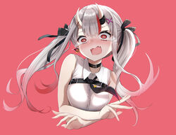  absurdres bare_arms bare_shoulders black_collar black_necktie blue_ribbon chest_belt collar commentary cropped_torso crying crying_aqua_(meme) crying_with_eyes_open double-parted_bangs female gradient_hair grey_hair hair_ornament hair_ribbon hairclip highres hololive horns long_hair meme multicolored_hair nakiri_ayame nakiri_ayame_(streetwear) necktie official_alternate_costume open_mouth red_background red_eyes red_hair ribbon shirt sidelocks simple_background skin-covered_horns sleeveless sleeveless_shirt solo streaked_hair surprised tearing_up tears terra_bose twintails upper_body virtual_youtuber wavy_mouth white_sleeves x_hair_ornament 