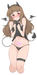  @_@ absurdres alternate_hairstyle black_camisole black_choker blunt_bangs blush brown_hair camisole camisole_lift choker clothes_lift clothing_cutout cropped_legs demon_horns demon_tail demon_wings female heart_cutout highres horns idolmaster idolmaster_cinderella_girls kamiya_nao lifting_own_clothes long_hair navel o-ring o-ring_bottom o-ring_panties panties pubic_tattoo red_eyes simple_background solo straight_hair sweatdrop tail tattoo thick_eyebrows thigh_strap underwear wasabijoyu76 white_background wings 