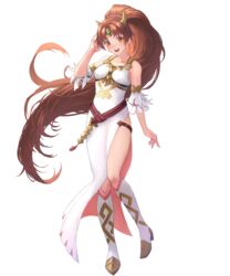  alternate_costume bare_shoulders belt blush boots breasts brown_eyes brown_hair collarbone dress earrings female fire_emblem fire_emblem:_new_mystery_of_the_emblem fire_emblem_heroes full_body hair_ornament hand_up highres jewelry knee_boots linde_(fire_emblem) linde_(resplendent)_(fire_emblem) long_dress long_hair looking_at_viewer medium_breasts miyamoto_satoru non-web_source official_art side_slit sleeveless sleeveless_dress smile solo thighs tied_hair transparent_background very_long_hair white_dress white_footwear 