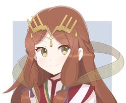  blush braid breasts brown_hair chocomiru fan_la_norne female gold_trim long_hair looking_at_viewer md5_mismatch night small_breasts smile solo upper_body very_long_hair xenoblade_chronicles_(series) xenoblade_chronicles_2 yellow_eyes 