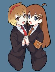  2girls ahoge armband black_jacket black_pants blue_background blue_eyes breast_press breasts bright_pupils brown_armband brown_hair brown_necktie collared_shirt commentary_request cropped_legs hair_ornament hairband hairclip hod_(project_moon) jacket light_brown_hair lobotomy_corporation long_hair long_sleeves malkuth_(project_moon) medu_(rubish) multiple_girls necktie open_mouth pants project_moon red_hairband red_necktie shirt short_hair simple_background small_breasts smile symmetrical_docking teeth upper_teeth_only white_pupils white_shirt 