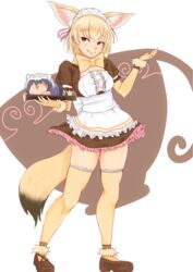  2girls absurdres alternate_costume animal_ear_fluff animal_ears apron black_hair blonde_hair bow bowtie brown_eyes carrying center_frills chibi clip_studio_paint_(medium) closed_mouth common_raccoon_(kemono_friends) dress enmaided extra_ears fennec_(kemono_friends) fox_ears fox_girl fox_tail frilled_apron frilled_dress frills full_body fur-trimmed_sleeves fur_trim gakukuru gloves grey_hair highres holding holding_tray kemono_friends layered_sleeves long_sleeves looking_at_viewer lying maid maid_apron maid_headdress mini_person minigirl multicolored_hair multiple_girls on_stomach puffy_short_sleeves puffy_sleeves raccoon_ears shoes short_dress short_over_long_sleeves short_sleeves smile solo_focus standing tail thighhighs tray waist_apron white_hair zettai_ryouiki 