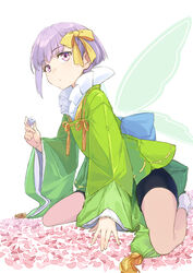  black_shorts breasts coffeekite commentary dice fairy_wings fate/extra fate/extra_ccc fate/extra_ccc_fox_tail fate_(series) female green_kimono hair_ribbon highres japanese_clothes kazuradrop_(fate) kimono kneeling long_sleeves looking_at_viewer petals purple_eyes purple_hair ribbon short_hair short_kimono shorts small_breasts solo symbol-only_commentary tassel wide_sleeves wings yellow_ribbon 