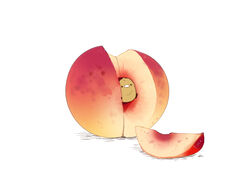  apricot_(fruit) artist_name bird chai_(drawingchisanne) commentary_request food food_focus fruit highres looking_at_viewer no_humans original painttool_sai_(medium) peach peach_slice simple_background sitting_on_food sweets_bird undersized_animal white_background 